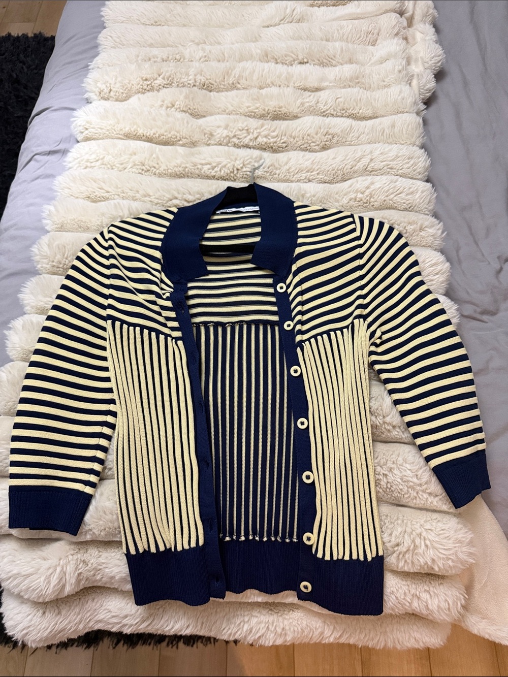 Striped Navy and Cream Button-Up Women's Zara polo Sweater